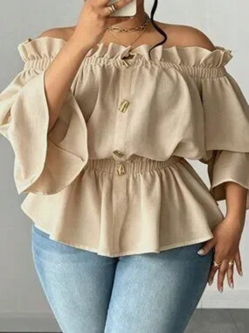 ZARA Khaki Casual Women's Plus Size Off Shoulder Ruffle Blouse